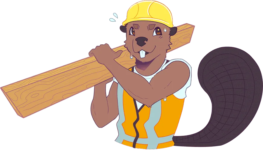 A beaver in a hard hat and hi-vis vest hauling a wooden plank, ready to help build New Anthrodam