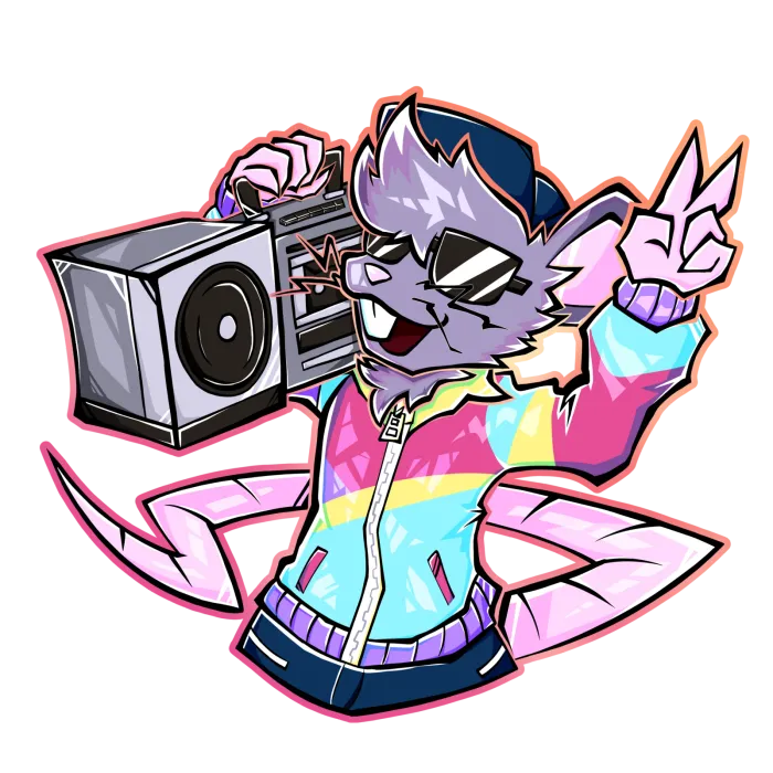 A rat in a rainbow track jacket and sunglasses, hoisting a boombox on one shoulder