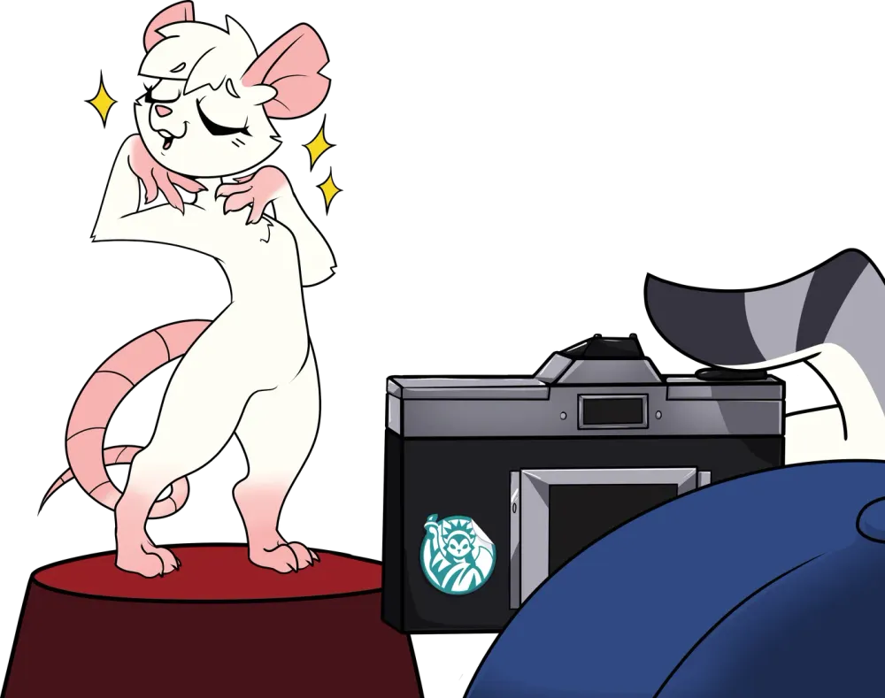 A white rat striking a pose on a red pedestal, with sparkles around its head, as a photographer lines up a camera bearing a New Anthrodam sticker