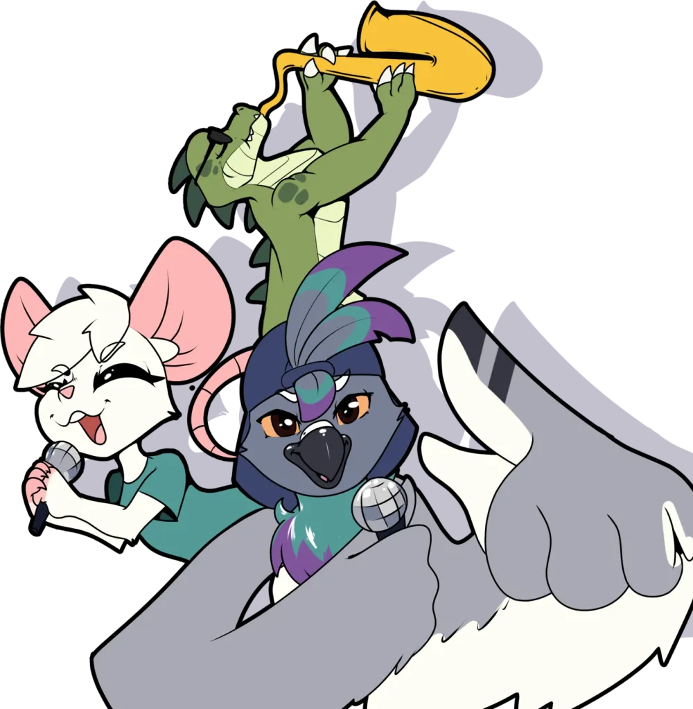 A mouse singing into a microphone, a pigeon with a second mic, and a lizard playing saxophone
