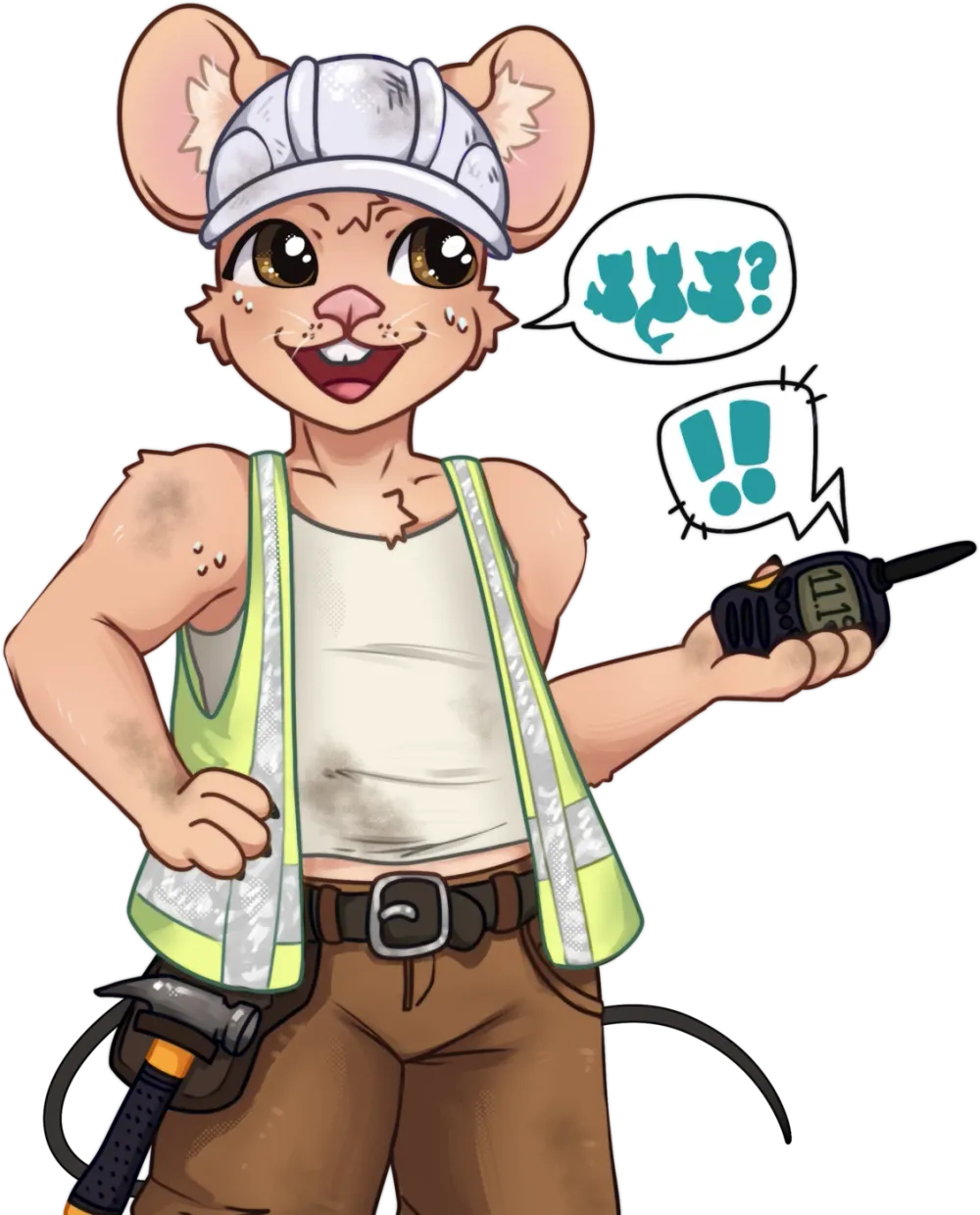 A rat in a hard hat and safety vest holding a walkie-talkie, with question and exclamation marks in speech bubbles